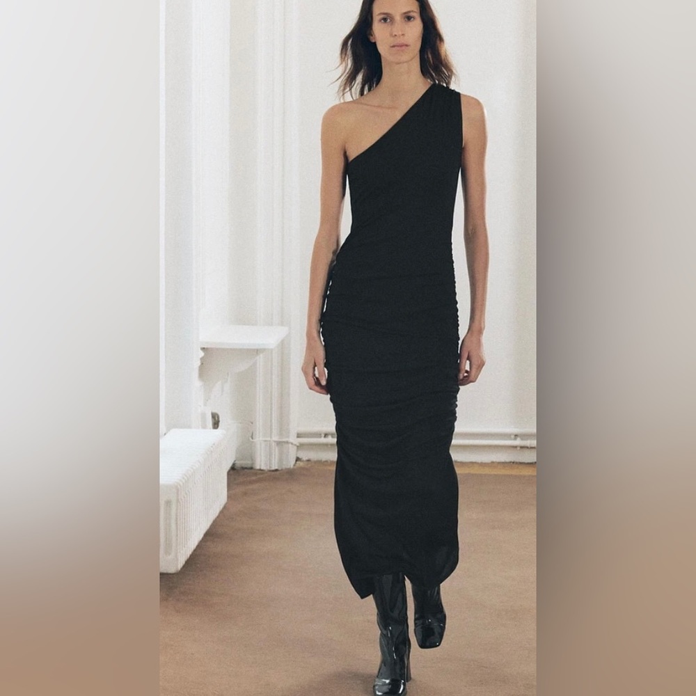 Zara Draped Midi Dress 
One-Shoulder Dress
Color: Black * Size: S